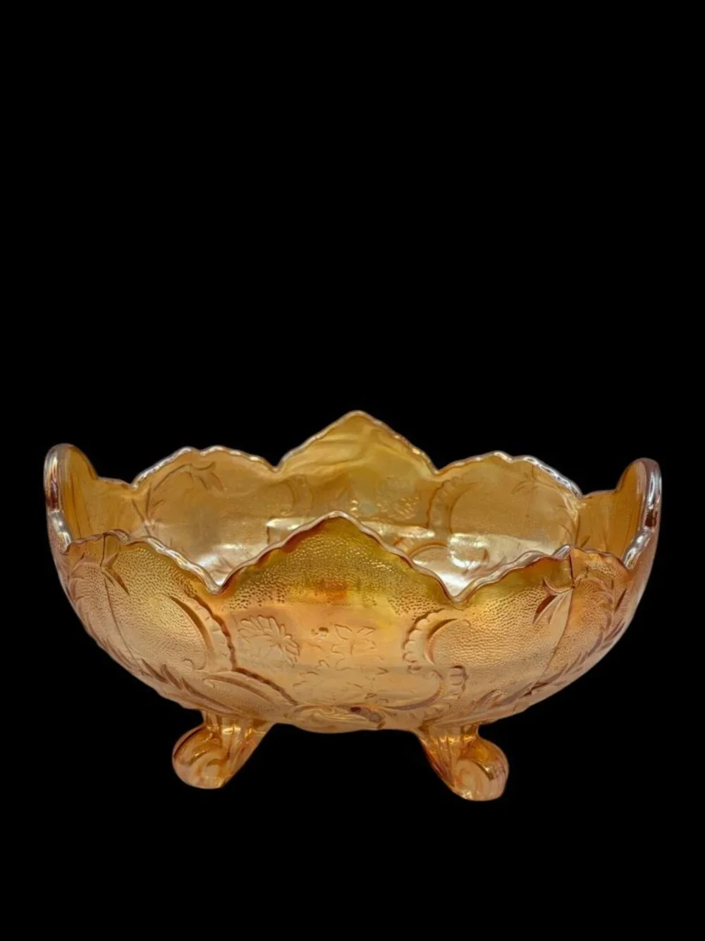 VTG Jeannette Iridescent Glass Lombardi Carnival Footed Fruit Bowl Marigold